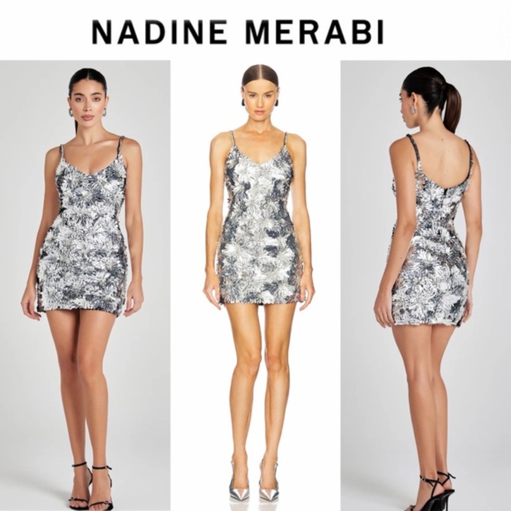 Nadine Merabi Brittany Embellished Cocktail Silver Sequin Mini Dress L US 10 NWT